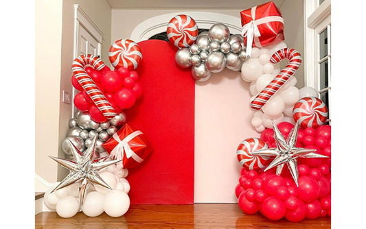 Red and White Christmas Backdrop & Balloon Decor