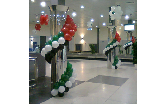 UAE Flag Color Balloon Spirals on Pillars
